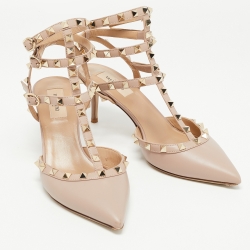 Pre Owned Valentino Beige Leather Rockstud Ankle Strap Pumps Size 40