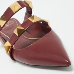 Pre Owned Valentino Burgundy Leather Roman Stud Flat Mules Size 40