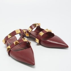 Pre Owned Valentino Burgundy Leather Roman Stud Flat Mules Size 40