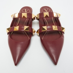 Pre Owned Valentino Burgundy Leather Roman Stud Flat Mules Size 40