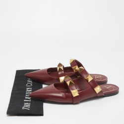 Pre Owned Valentino Burgundy Leather Roman Stud Flat Mules Size 40