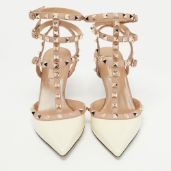 Pre Owned Valentino Cream Patent Leather Rockstud Ankle Strap Pumps Size 39