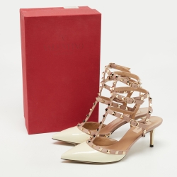 Pre Owned Valentino Cream Patent Leather Rockstud Ankle Strap Pumps Size 39