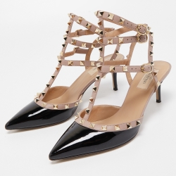 Pre Owned Valentino Black Patent Leather Rockstud Ankle Strap Pumps Size 40.5