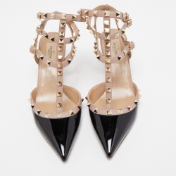 Pre Owned Valentino Black Patent Leather Rockstud Ankle Strap Pumps Size 40.5