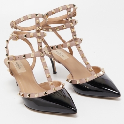 Pre Owned Valentino Black Patent Leather Rockstud Ankle Strap Pumps Size 40.5