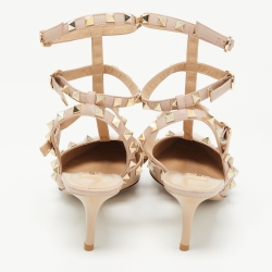 Pre Owned Valentino Beige Patent Leather Rockstud Ankle Strap Pumps Size 37.5