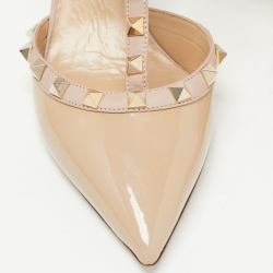 Pre Owned Valentino Beige Patent Leather Rockstud Ankle Strap Pumps Size 37.5