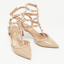 Pre Owned Valentino Beige Patent Leather Rockstud Ankle Strap Pumps Size 37.5