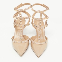 Pre Owned Valentino Beige Patent Leather Rockstud Ankle Strap Pumps Size 37.5