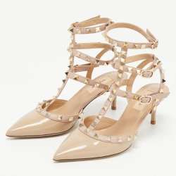 Pre Owned Valentino Beige Patent Leather Rockstud Ankle Strap Pumps Size 37.5