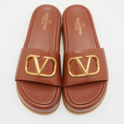 Pre Owned Valentino Tan Leather VLogo Signature Platform Slides Size 36