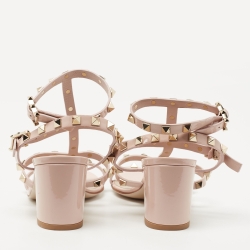 Pre Owned Valentino Light Pink Patent Leather Rockstud Ankle Strap Sandals Size 37.5