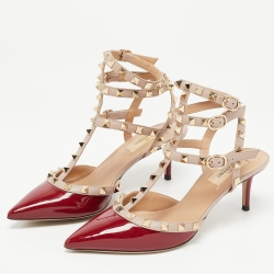 Pre Owned Valentino Red/Beige Patent and Leather Rockstud Pumps Size 37.5