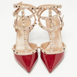 Pre Owned Valentino Red/Beige Patent and Leather Rockstud Pumps Size 37.5