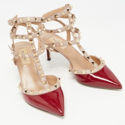 Pre Owned Valentino Red/Beige Patent and Leather Rockstud Pumps Size 37.5