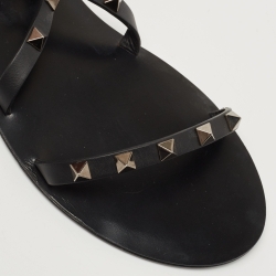 Pre Owned Valentino Black Leather Rockstud Gladiator Flat Sandals Size 38.5