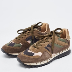 Pre Owned Valentino Army Green Suede and Camo Print Nylon Rockrunner Sneakers Size 38