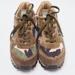 Pre Owned Valentino Army Green Suede and Camo Print Nylon Rockrunner Sneakers Size 38