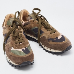 Pre Owned Valentino Army Green Suede and Camo Print Nylon Rockrunner Sneakers Size 38
