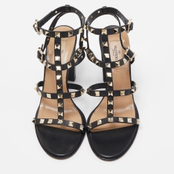 مملوكة مسبقًا Valentino Black Leather Rockstud  Strappy Block Heel Sandals Size 40
