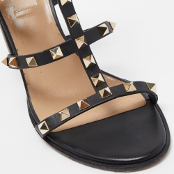 مملوكة مسبقًا Valentino Black Leather Rockstud  Strappy Block Heel Sandals Size 40