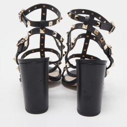 مملوكة مسبقًا Valentino Black Leather Rockstud  Strappy Block Heel Sandals Size 40