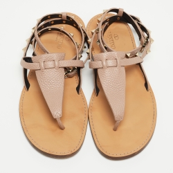 Pre Owned Valentino Dusty Pink Leather Rockstud Ankle Wrap Flat Sandals Size 39