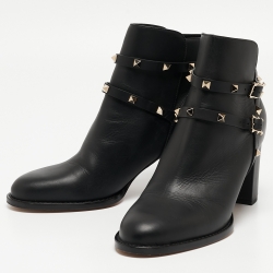 Pre Owned Valentino Black Leather Rockstud Ankle Boots Size 41
