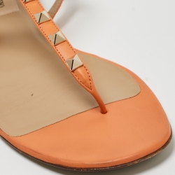 Pre Owned Valentino Orange Leather Rockstud Ankle Strap Flats Size 39.5