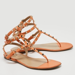 Pre Owned Valentino Orange Leather Rockstud Ankle Strap Flats Size 39.5