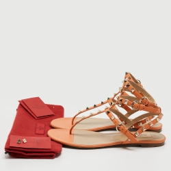 Pre Owned Valentino Orange Leather Rockstud Ankle Strap Flats Size 39.5