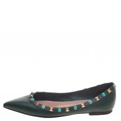 Pre Owned Valentino Myrtle Green Leather Rolling Rockstud Pointed Toe Ballet Flats Size 35