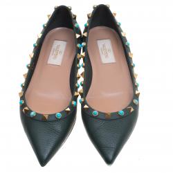Pre Owned Valentino Myrtle Green Leather Rolling Rockstud Pointed Toe Ballet Flats Size 35