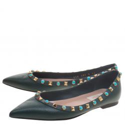 Pre Owned Valentino Myrtle Green Leather Rolling Rockstud Pointed Toe Ballet Flats Size 35
