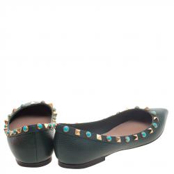 Pre Owned Valentino Myrtle Green Leather Rolling Rockstud Pointed Toe Ballet Flats Size 35