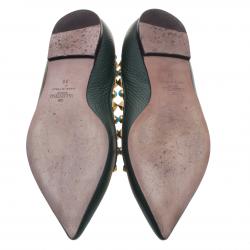 Pre Owned Valentino Myrtle Green Leather Rolling Rockstud Pointed Toe Ballet Flats Size 35