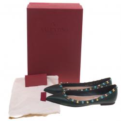 Pre Owned Valentino Myrtle Green Leather Rolling Rockstud Pointed Toe Ballet Flats Size 35
