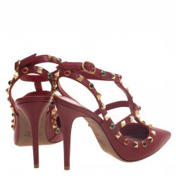 Valentino Maroon Leather Rolling Rockstud Sandals Size 36
