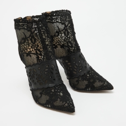 Pre Owned Valentino Black Leather and Lace Fusion Ankle Booties Size 38