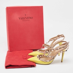 Pre Owned Valentino Yellow/Pink Leather Rockstud Ankle Strap Pumps Size 39.5