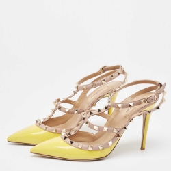 Pre Owned Valentino Yellow/Pink Leather Rockstud Ankle Strap Pumps Size 39.5