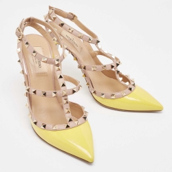 Pre Owned Valentino Yellow/Pink Leather Rockstud Ankle Strap Pumps Size 39.5