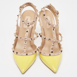 Pre Owned Valentino Yellow/Pink Leather Rockstud Ankle Strap Pumps Size 39.5
