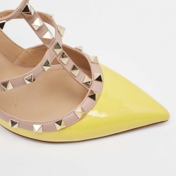 Pre Owned Valentino Yellow/Pink Leather Rockstud Ankle Strap Pumps Size 39.5