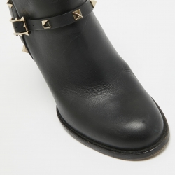 Pre Owned Valentino Black Leather Rockstud Ankle Boots Size 37