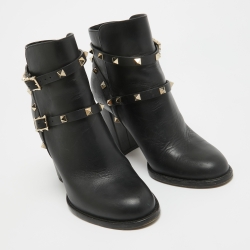 Pre Owned Valentino Black Leather Rockstud Ankle Boots Size 37