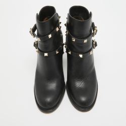 Pre Owned Valentino Black Leather Rockstud Ankle Boots Size 37