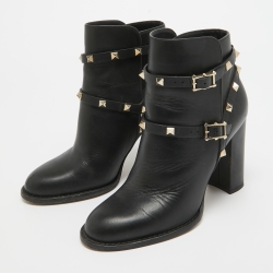 Pre Owned Valentino Black Leather Rockstud Ankle Boots Size 37