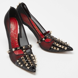 Pre Owned Valentino Black Patent Leather and Mesh Rockstud Alcove Pumps Size 36.5